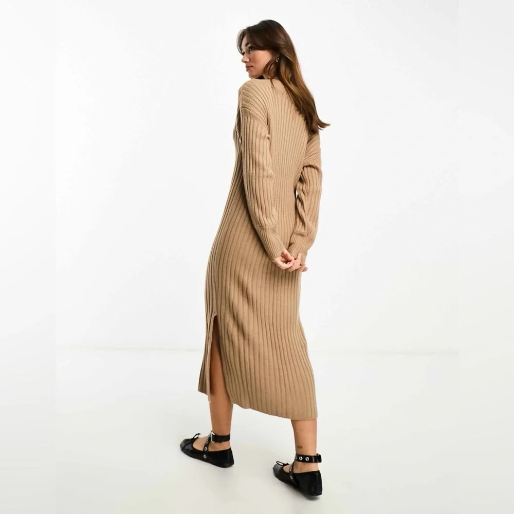 River Island London v-neck ribbed maxi‎ sweater dress Tan Brown Size XS